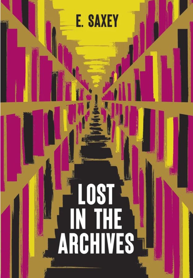 A book cover: stylized bookshelves in garish colours retreat from the viewer into infinity.